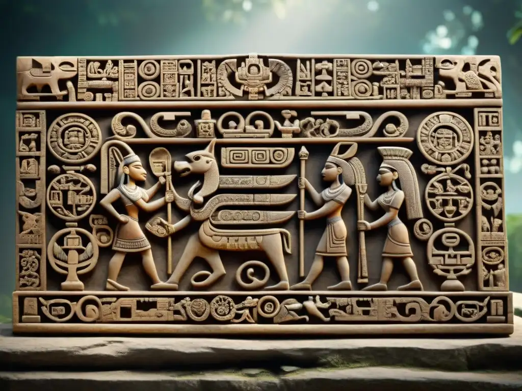 Una talla de piedra detallada de un panel jeroglífico maya, representando la interconexión de la naturaleza, el cosmos y la sociedad