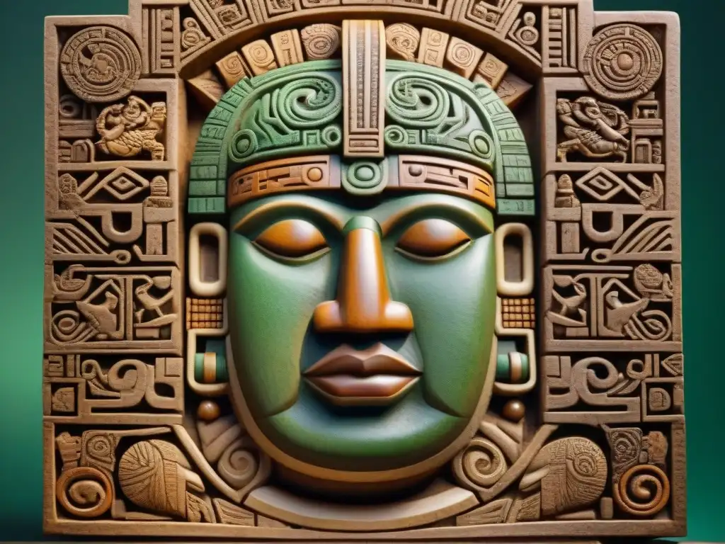 Una talla de piedra detallada fusionando símbolos olmecas y mayas en el calendario, resaltando la tradición olmeca en calendario maya