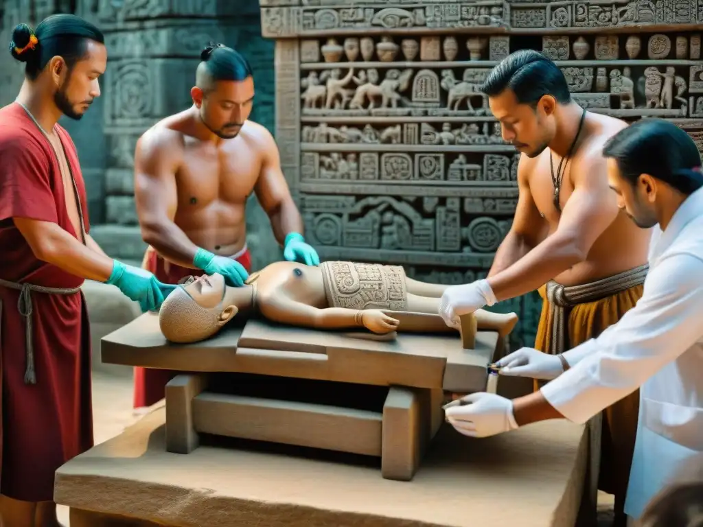 Una talla de piedra detalla una escena maya de prácticas medicinales en la civilización maya