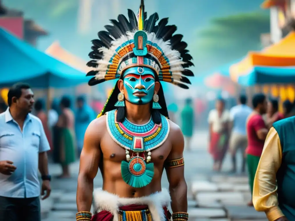 Una talla de piedra intrincada del dios maya Kukulkán, con atuendo de plumas y joyas, en un mercado lleno de gente en vestimenta tradicional maya