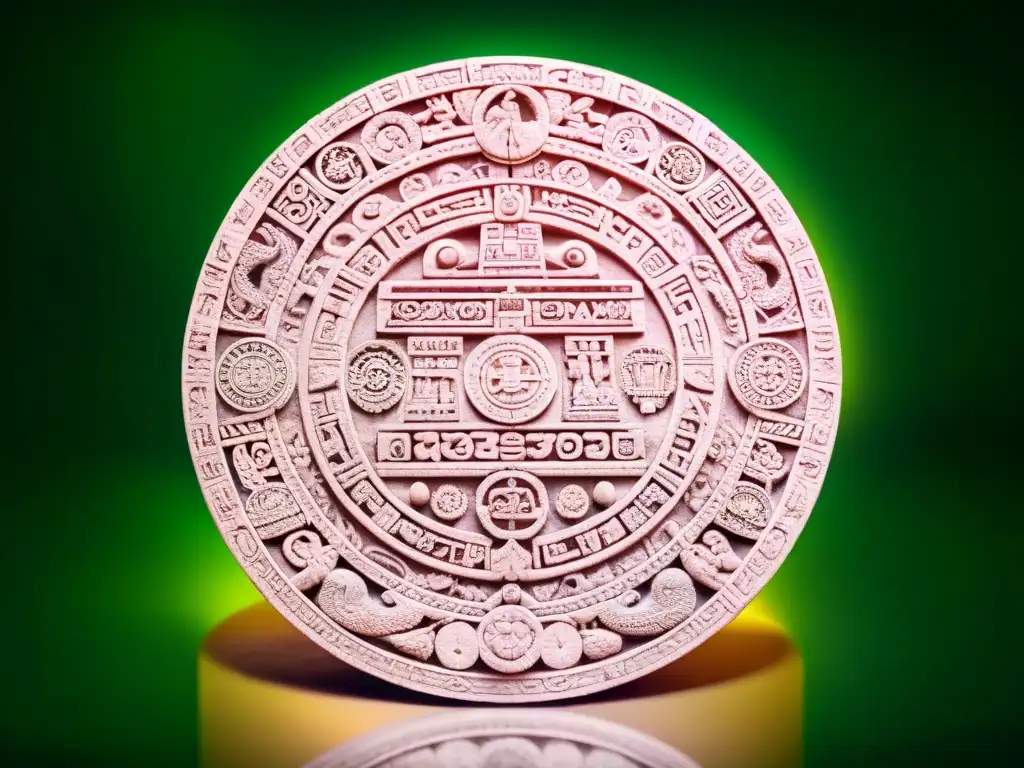 Una talla de piedra intrincada del sistema de calendario maya, rodeada de exuberante selva