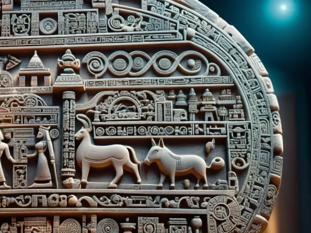 Escultura maya: sabiduría astronómica y misterio antiguo Una talla de piedra maya detallada, con conocimientos astronómicos avanzados y cálculos matemáticos