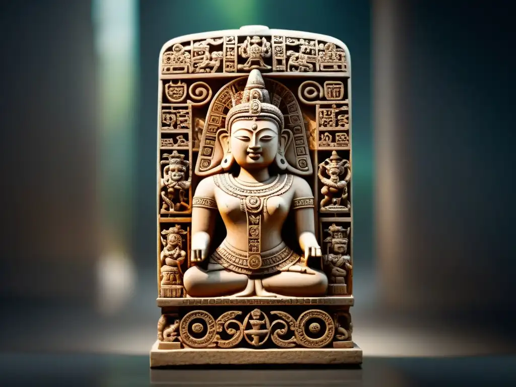 Estela maya: dualidad de 'Bien' y 'Mal' en escultura de piedra tallada Talla de piedra maya: dualidad entre el Bien y el Mal en la ética maya