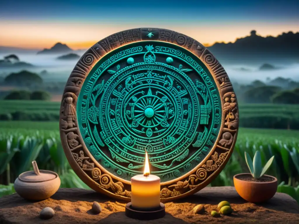 Talla de piedra maya iluminada por una vela, con detalles celestes y campo agrícola