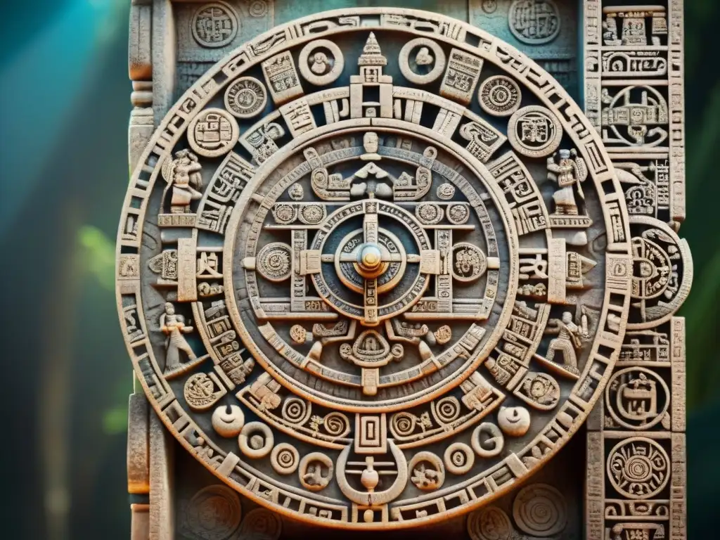 Un tallado de piedra detallado del calendario maya, mostrando jeroglíficos y símbolos que representan el tiempo y los ciclos