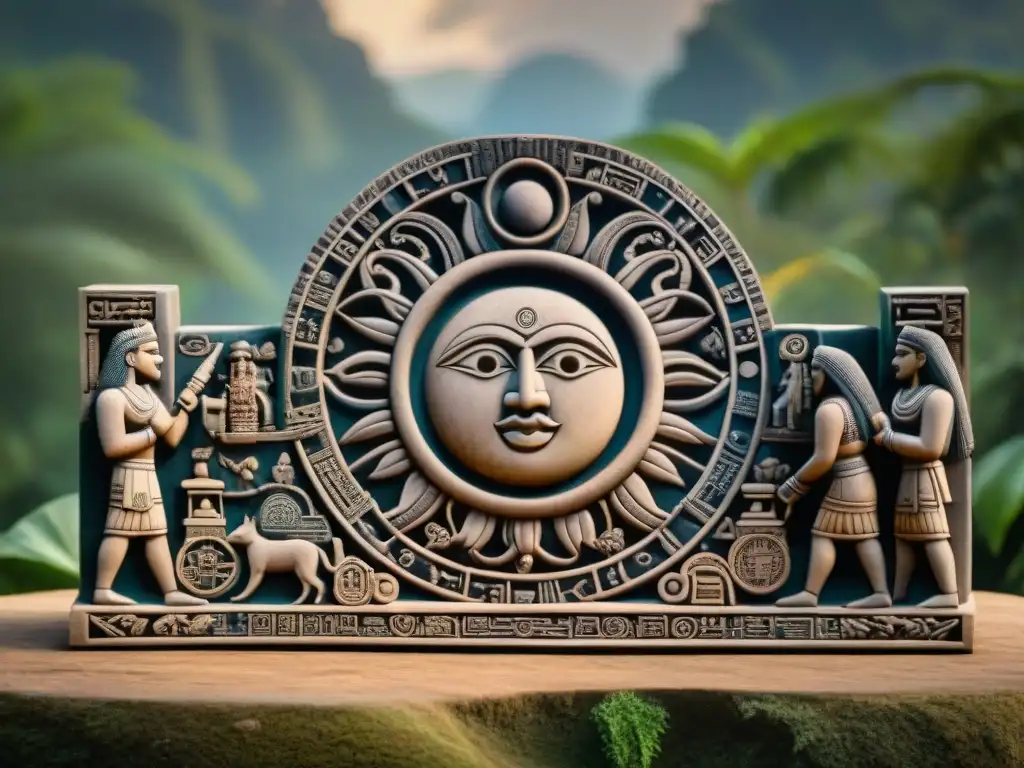 Tallado maya de astrónomos observando un eclipse solar con métodos cálculo ciclos eclipses mayas en la selva vibrante