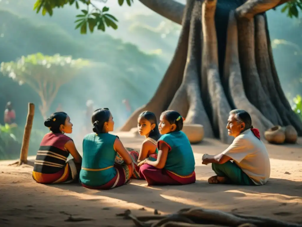 Mayan elders revitalizando idioma bajo Ceiba sagrada Un taller de revitalización lingüística maya bajo un ceiba sagrado