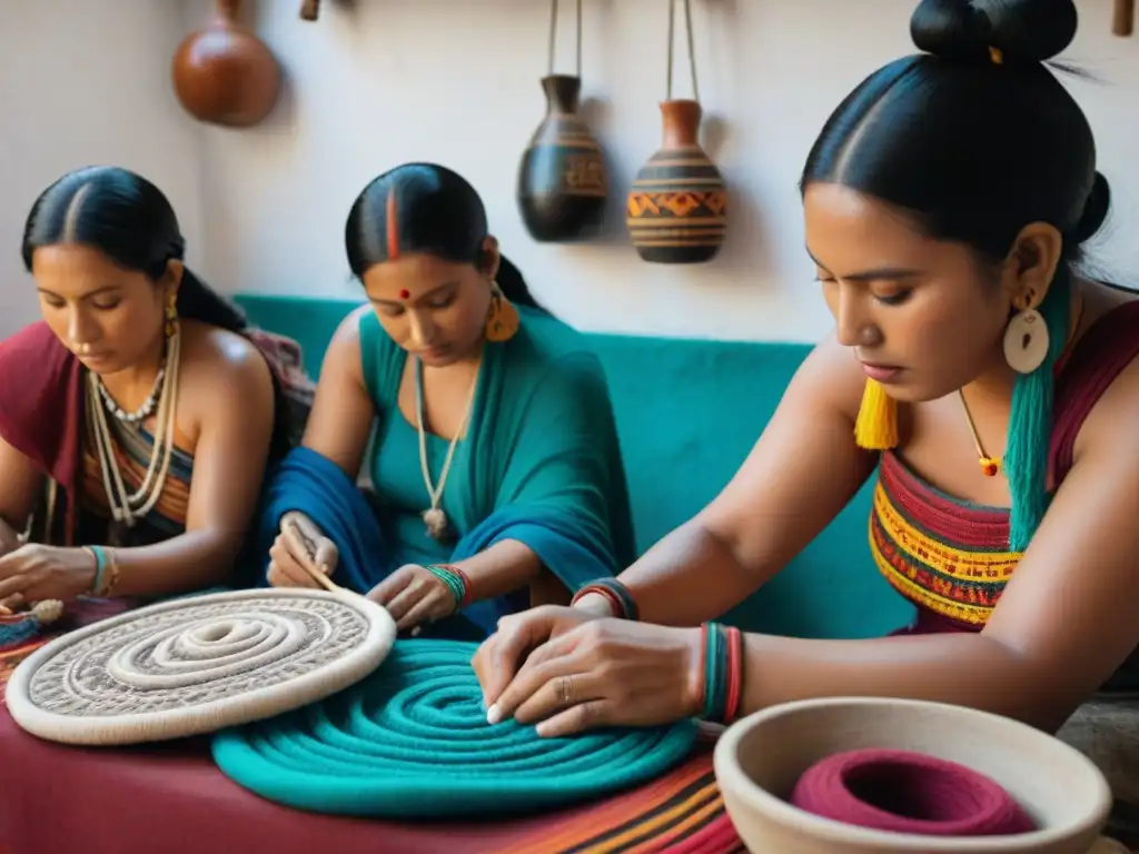 Talleres de creatividad en la cultura maya: artesanos trabajando con telas y cerámica, inmersos en su legado artístico