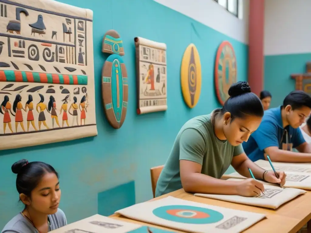 Talleres de escritura maya personalizados: Estudiantes inmersos en la creación de jeroglíficos y murales en un estudio lleno de artefactos mayas