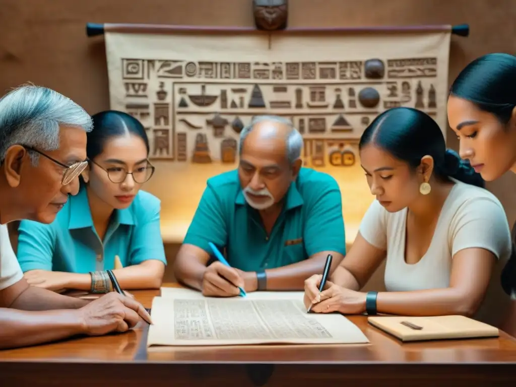 Talleres interactivos de escritura maya: grupo diverso concentrado en ejercicios educativos rodeados de símbolos y artefactos mayas