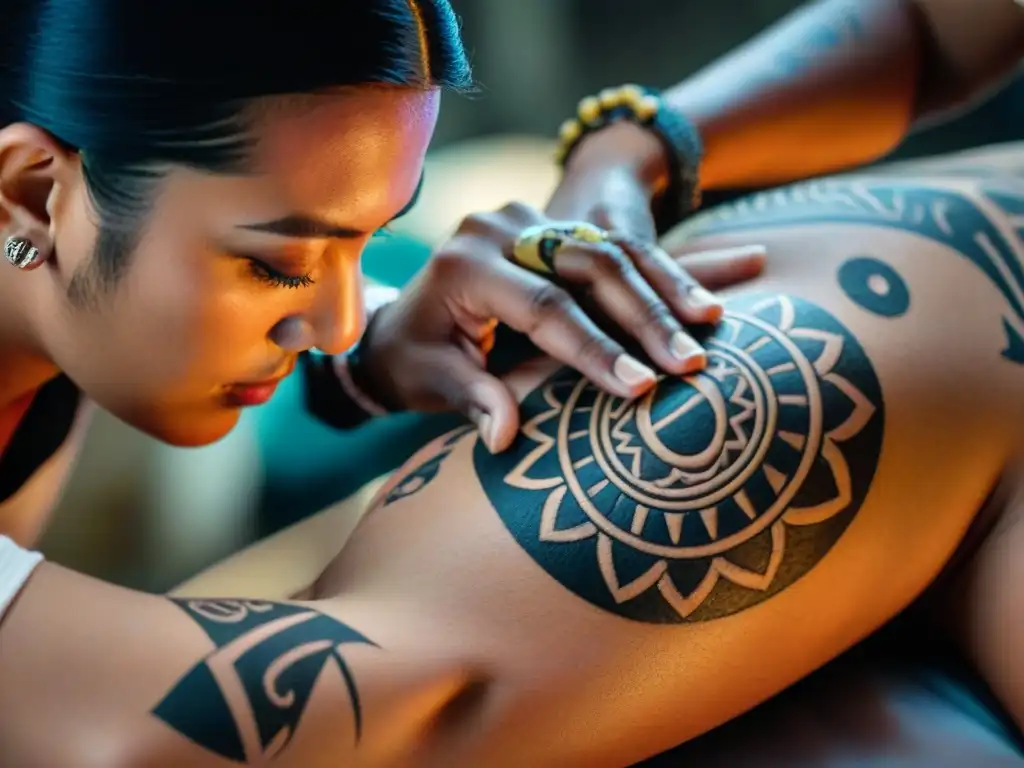 Un tatuador descendiente maya crea diseños tradicionales en la piel con destreza y colores vibrantes