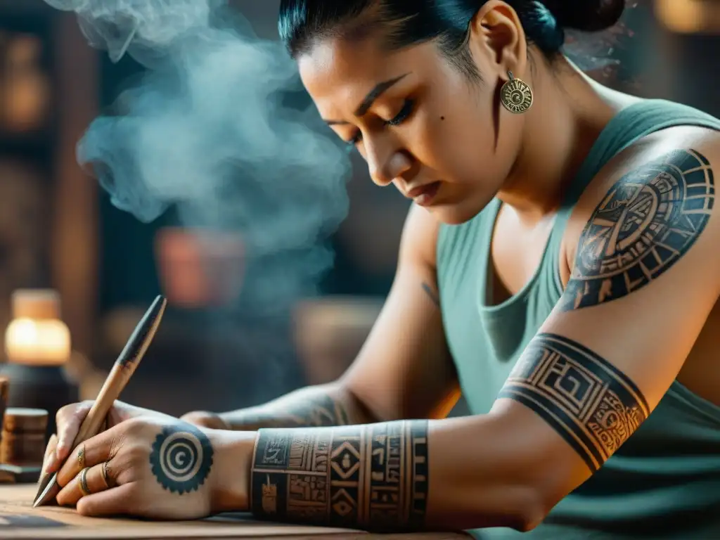 Un tatuador descendiente maya practica tradicional tatuaje en un cliente, en un estudio iluminado con símbolos mayas