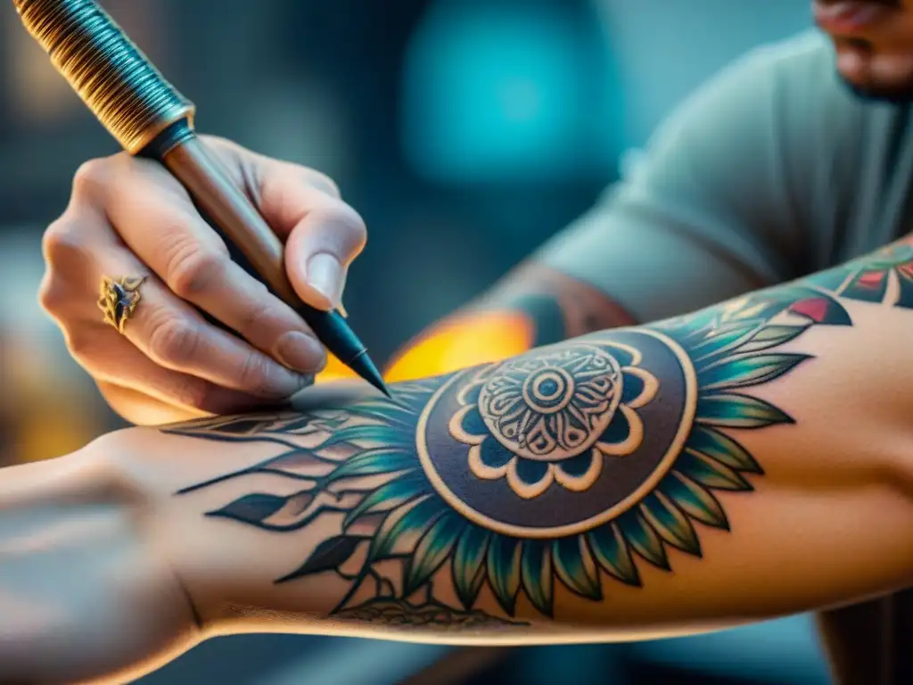 Un tatuador experto crea un tatuaje maya detallado con herramientas tradicionales, mostrando los significados tatuajes mayas hoy