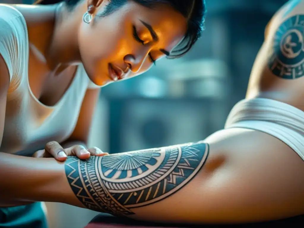 Un tatuador maya etcha con precisión un diseño tradicional en la piel de un cliente, capturando el significado y la belleza de la cultura maya