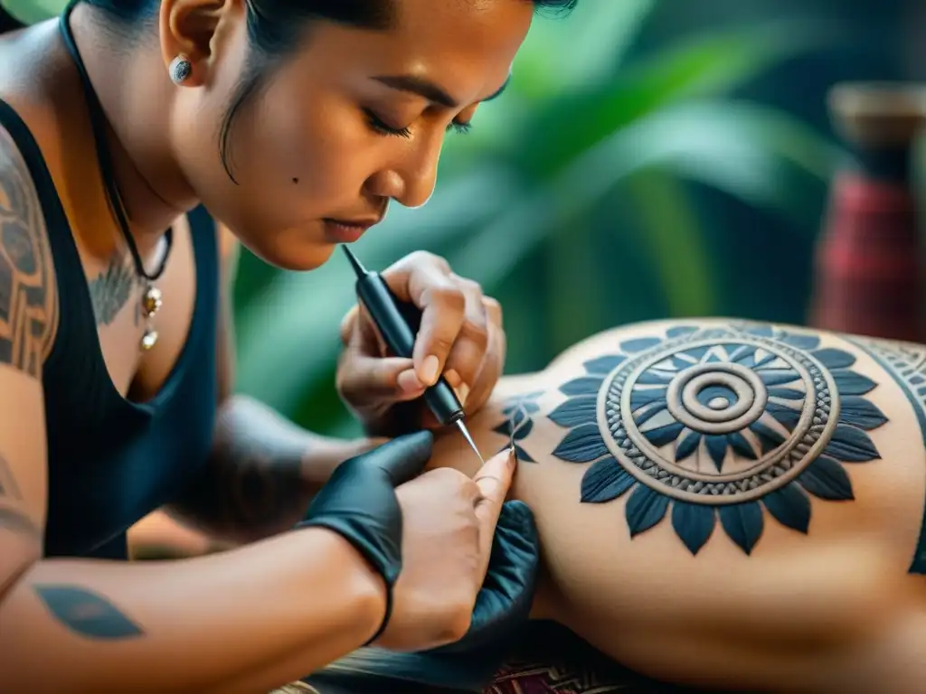 Un tatuador maya crea con precisión un diseño ancestral en piel, usando aguja de obsidiana y tinta natural