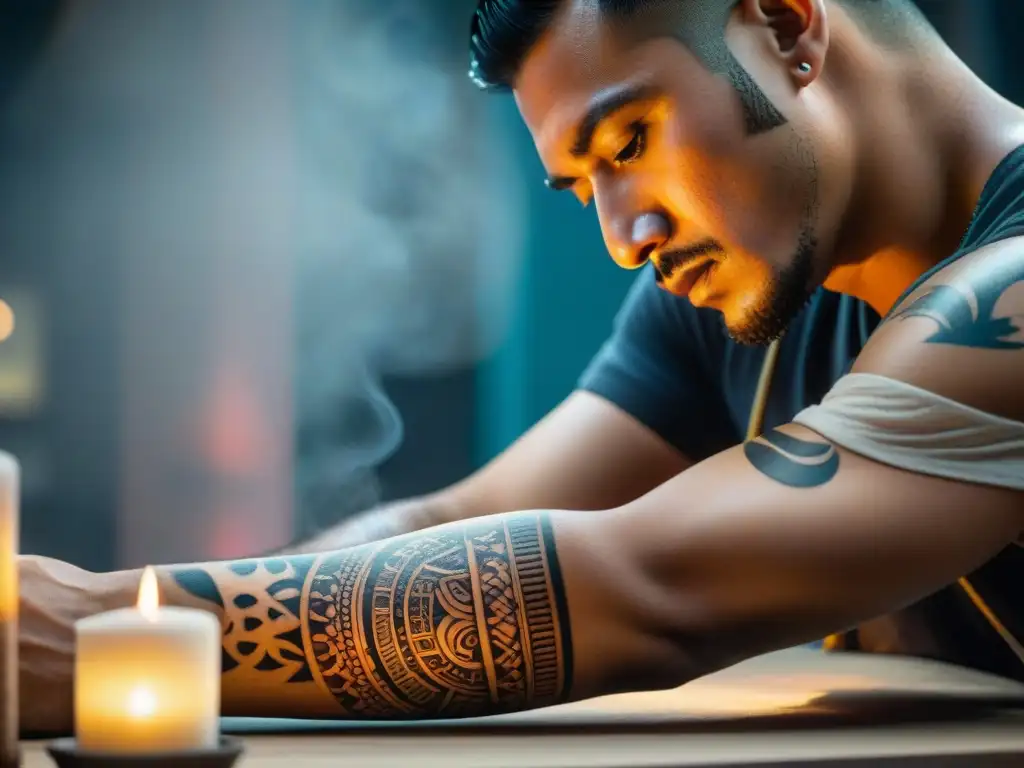 Un tatuador moderno recrea un diseño maya en un estudio auténtico