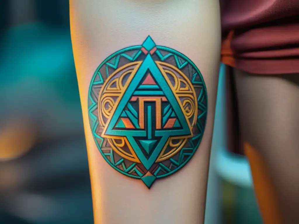 Un tatuaje detallado de símbolos mayas en un antebrazo, con colores vibrantes y diseño intrincado