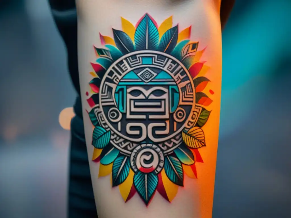 Un tatuaje de un glifo maya detallado en el antebrazo de una persona, mostrando colores vibrantes y símbolos mayas como plumas y serpientes