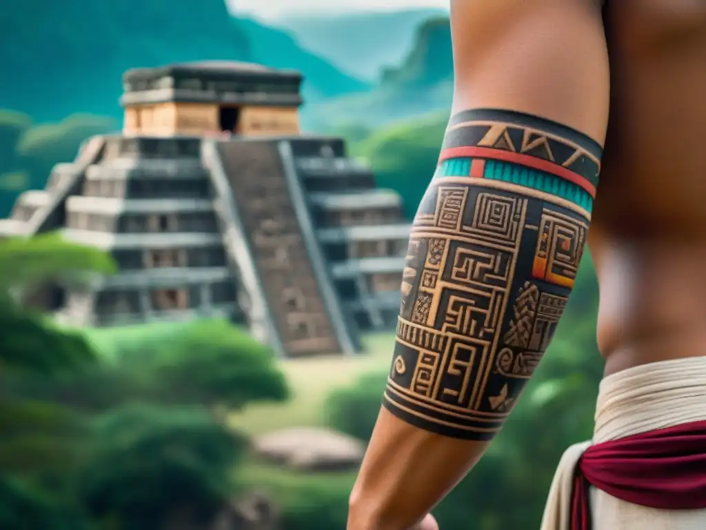 Un tatuaje maya detallado en el antebrazo de un joven indígena, fusionando arte tradicional con técnicas modernas