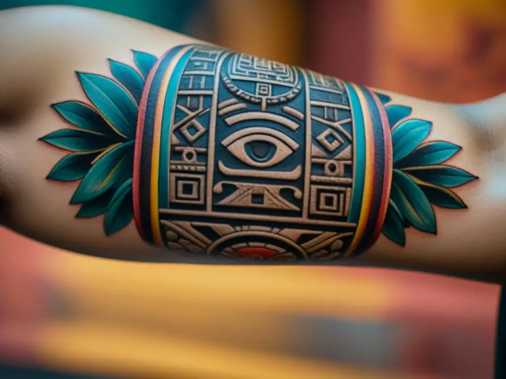 Un tatuaje maya detallado en un antebrazo, fusionando tradición y expresión moderna con colores vibrantes y símbolos profundos