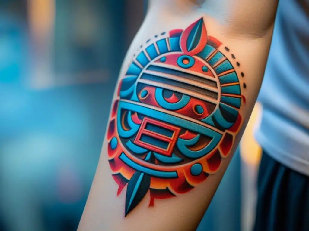 Un tatuaje maya detallado del mito de los Gemelos Héroes luchando contra los Señores de Xibalbá, en rojo, negro y azul