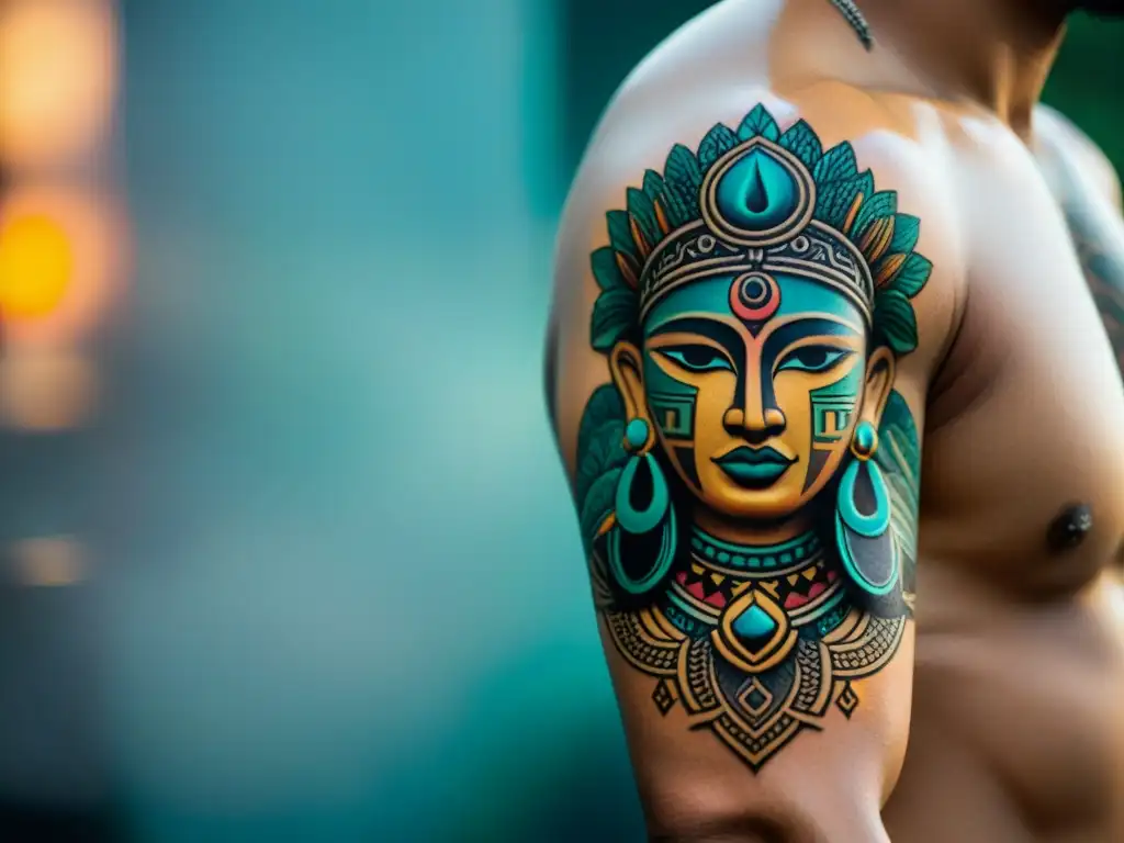 Un tatuaje maya de protección espiritual, fusionando arte antiguo con técnicas contemporáneas