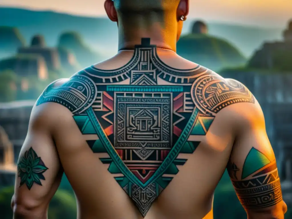 Un tatuaje maya moderno con intrincados diseños de glifos y patrones geométricos, uniendo la cultura ancestral con el arte contemporáneo