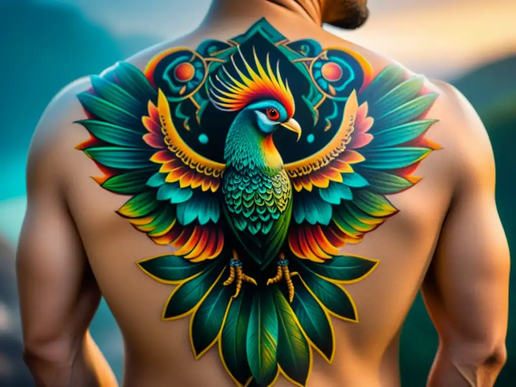 Un tatuaje maya de significado cósmico: la majestuosa ave Quetzal y símbolos mayas detallados sobre la espalda de una persona