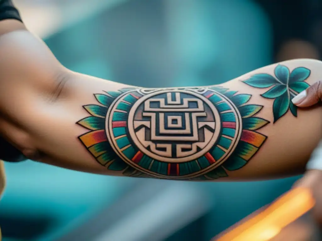 Un tatuaje de símbolos mayas en proceso, resaltando la fusión entre arte moderno y herencia cultural