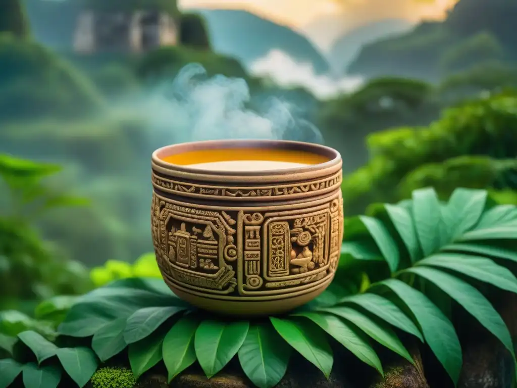 Una taza ceremonial maya llena de Zacán, bebida ancestral, en la selva