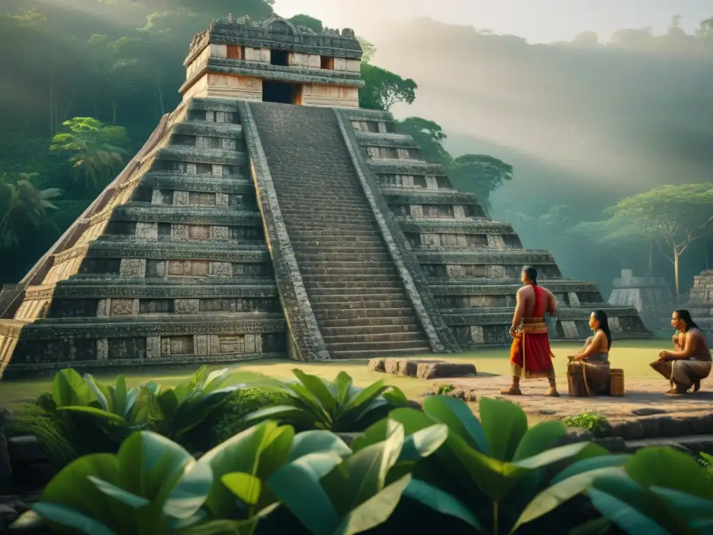 Reconstrucción 3D técnicas construcción mayas: Detalles de la arquitectura maya en la selva, con piedra, herramientas y naturaleza