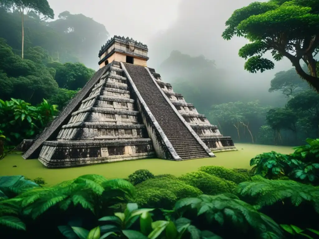 Reconstrucción 3D de técnicas de construcción mayas en una selva exuberante, fusionando innovación y tradición