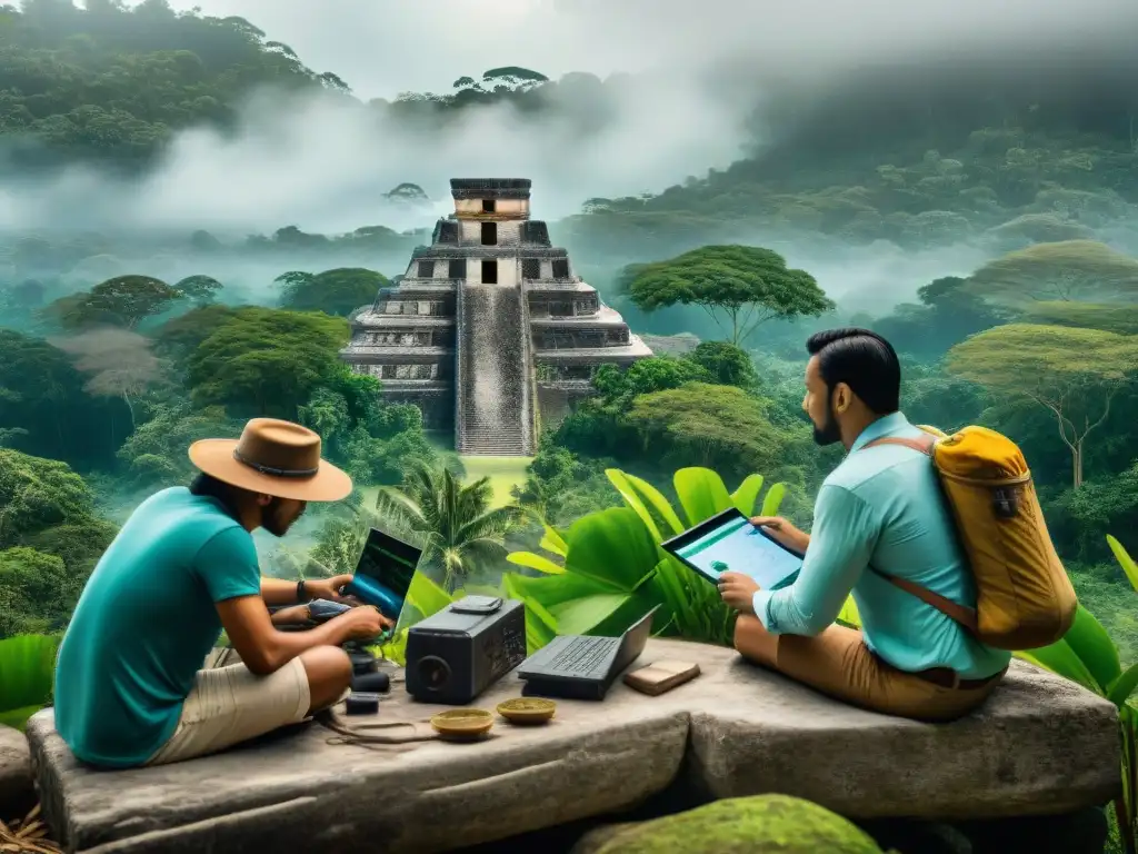 Aplicación de tecnologías GIS en arqueología maya: equipo de arqueólogos mapea rutas comerciales rodeados de jungla y ruinas antiguas