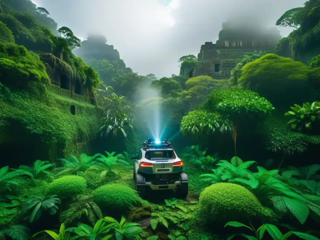 Tecnologías avanzadas en el manejo del agua Maya: equipo escaneando antiguos sistemas hidráulicos entre la exuberante selva