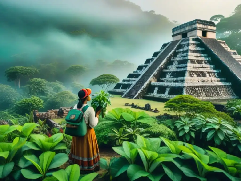 Tecnologías verdes para conservación maya: Maya cuida jardín con tradición y tecnología verde frente a ruinas antiguas