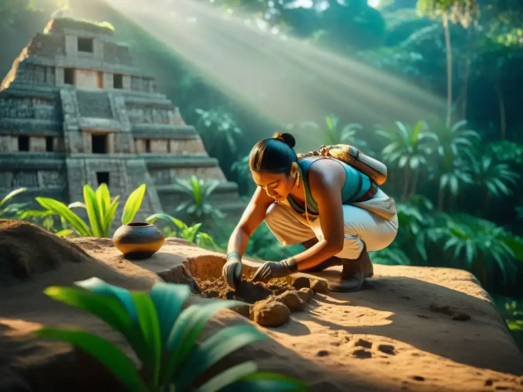 Investigación tecnológica en civilización maya: Arqueólogos excavan un sitio maya entre ruinas y vegetación exuberante