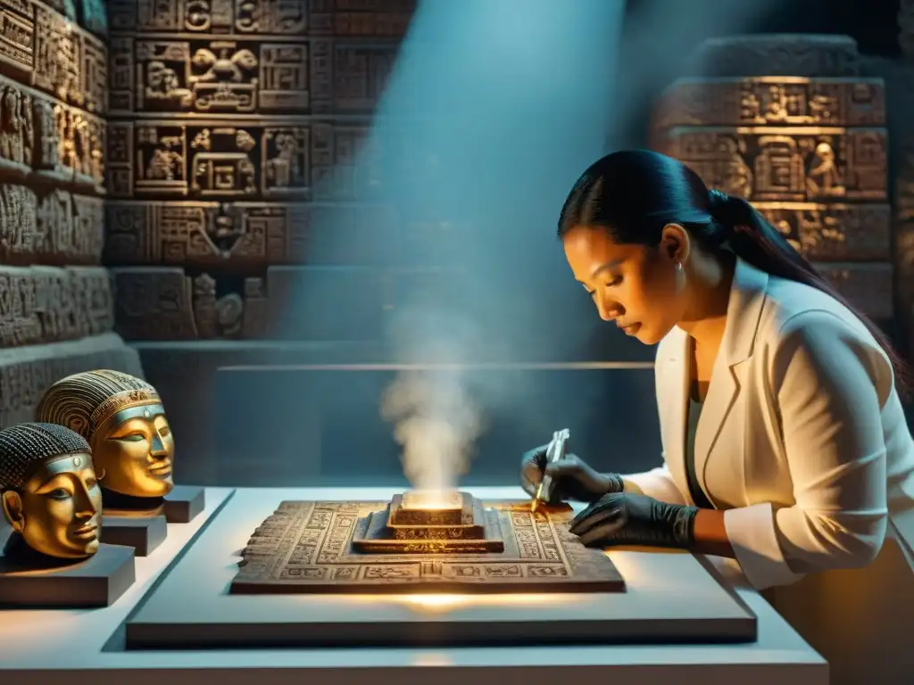 Investigación tecnológica en civilización maya: Equipo de investigadores escaneando un codex maya con tecnología 3D