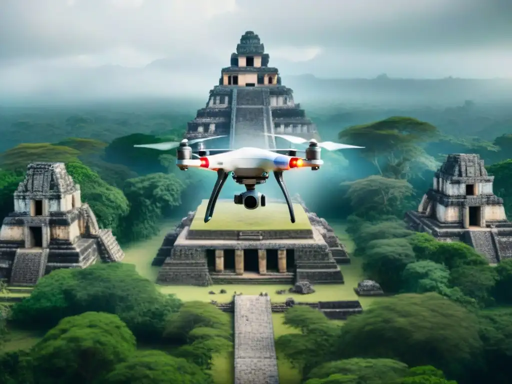 Exploración tecnológica en turismo cultural maya: drone avanzado escaneando ruinas mayas con láser en la jungla