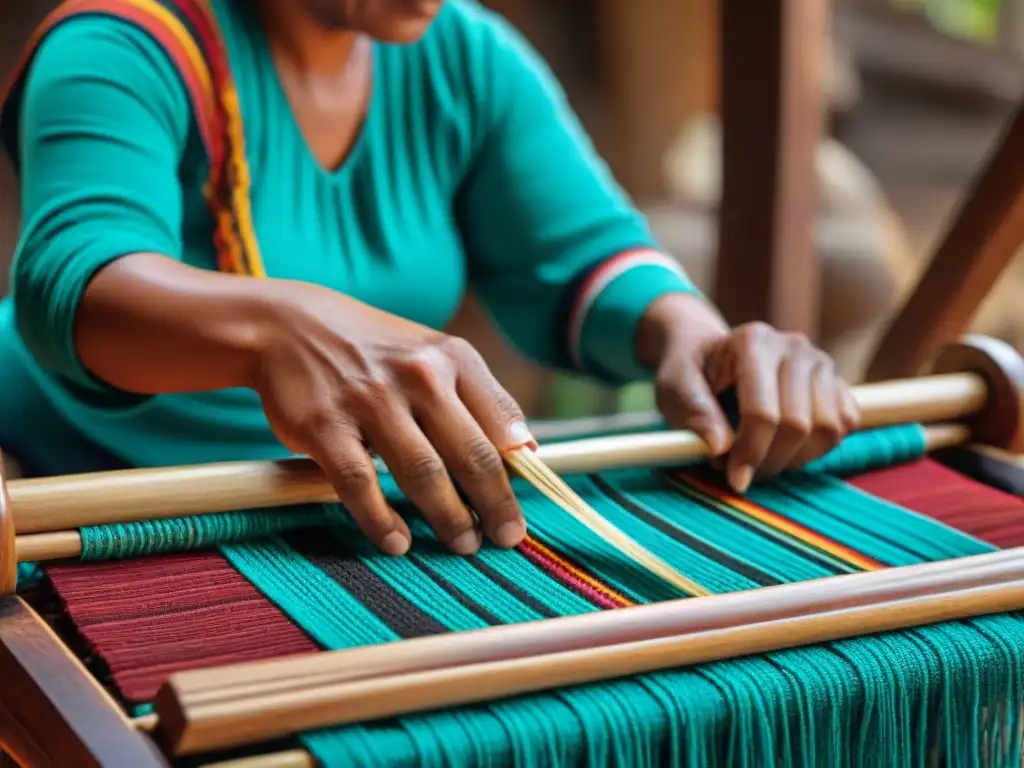 Un tejedor maya experto crea textiles tradicionales en un telar de cintura, mostrando patrones coloridos y destreza artesanal