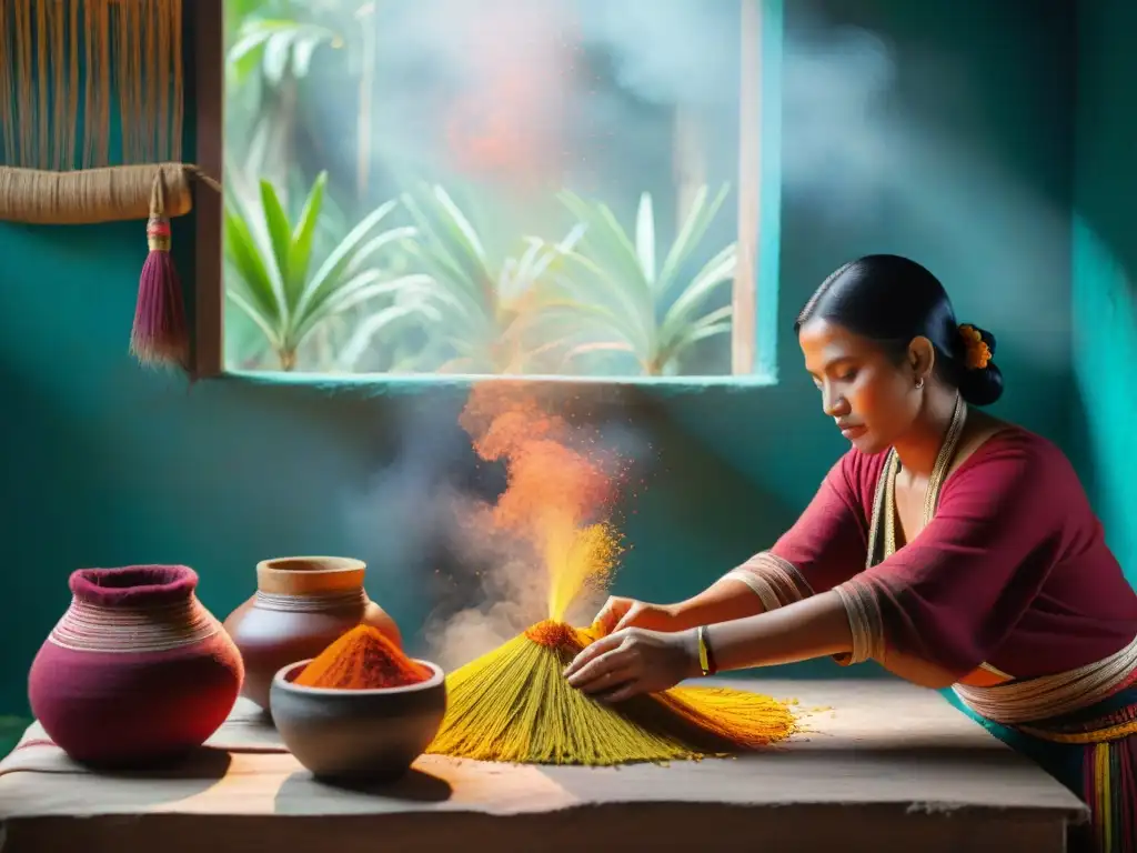 Un tejedor maya experto tiñendo hilos con pigmentos naturales, destacando la belleza cultural