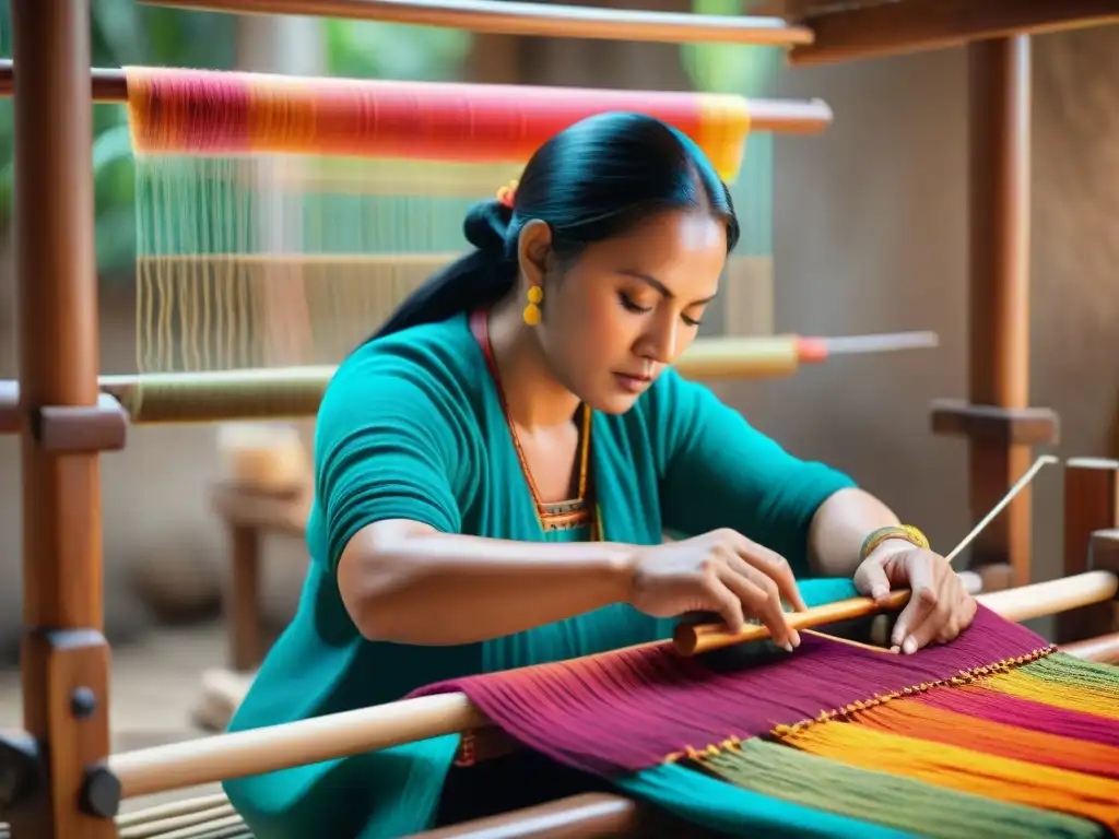 Una tejedora maya crea una colorida pieza textil en un telar de madera, rodeada de hilos vibrantes