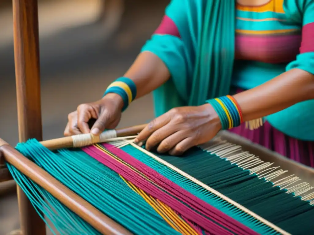 Tejedora maya experta creando patrones simbólicos con hilos vibrantes en telar de cintura, reflejando la rica tradición cultural