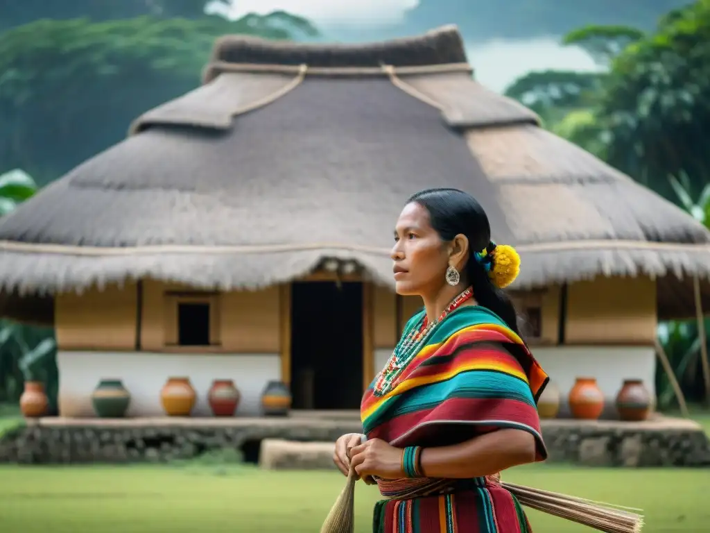 Una tejedora maya en Joyá de Cerén creando textiles vibrantes rodeada de herramientas y cerámica