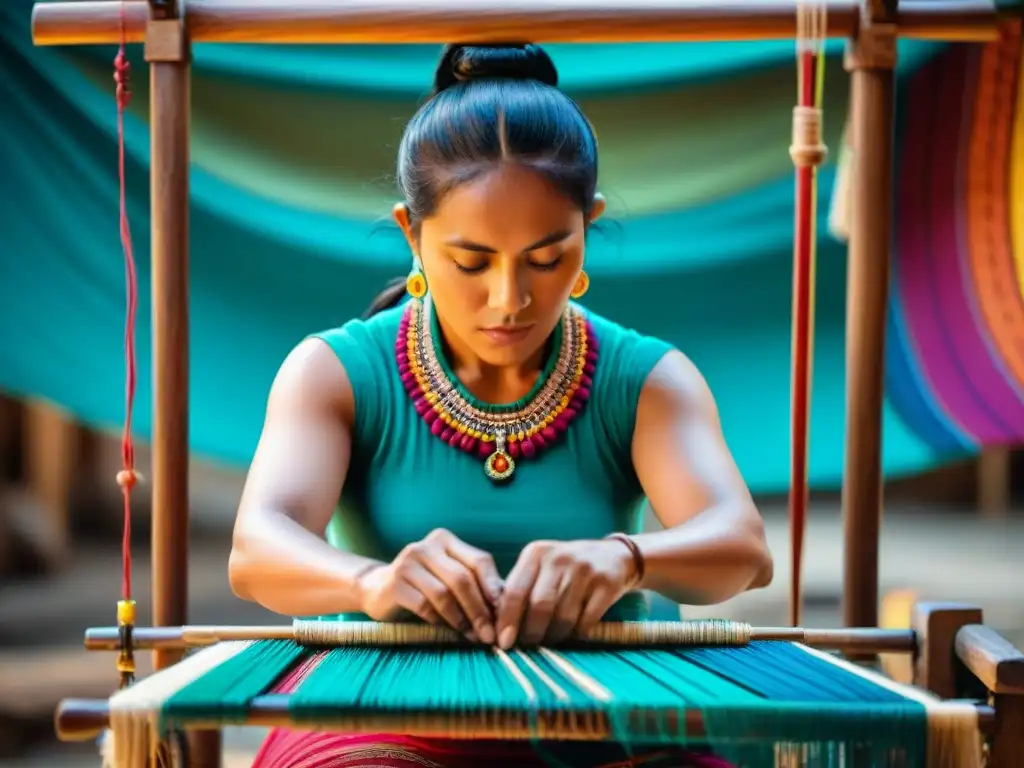 Hábil tejedora maya creando patrones con materiales textiles vestimentas mayas