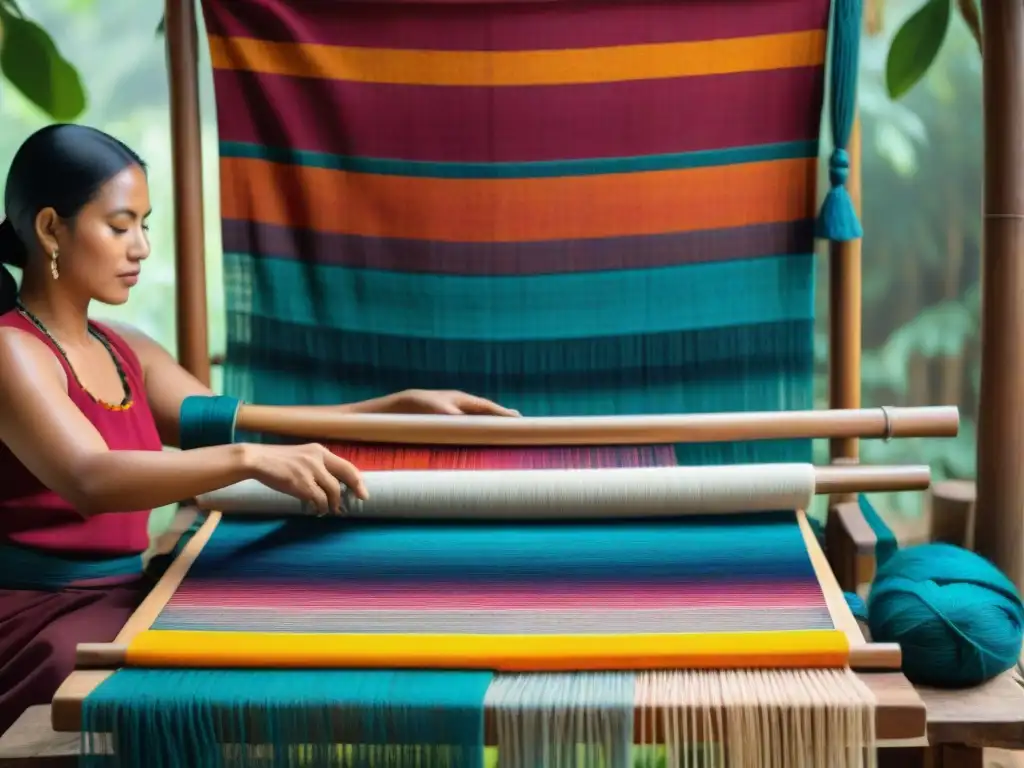 Una tejedora maya aplica pigmentos naturales vibrantes a su telar, reflejando la rica herencia cultural