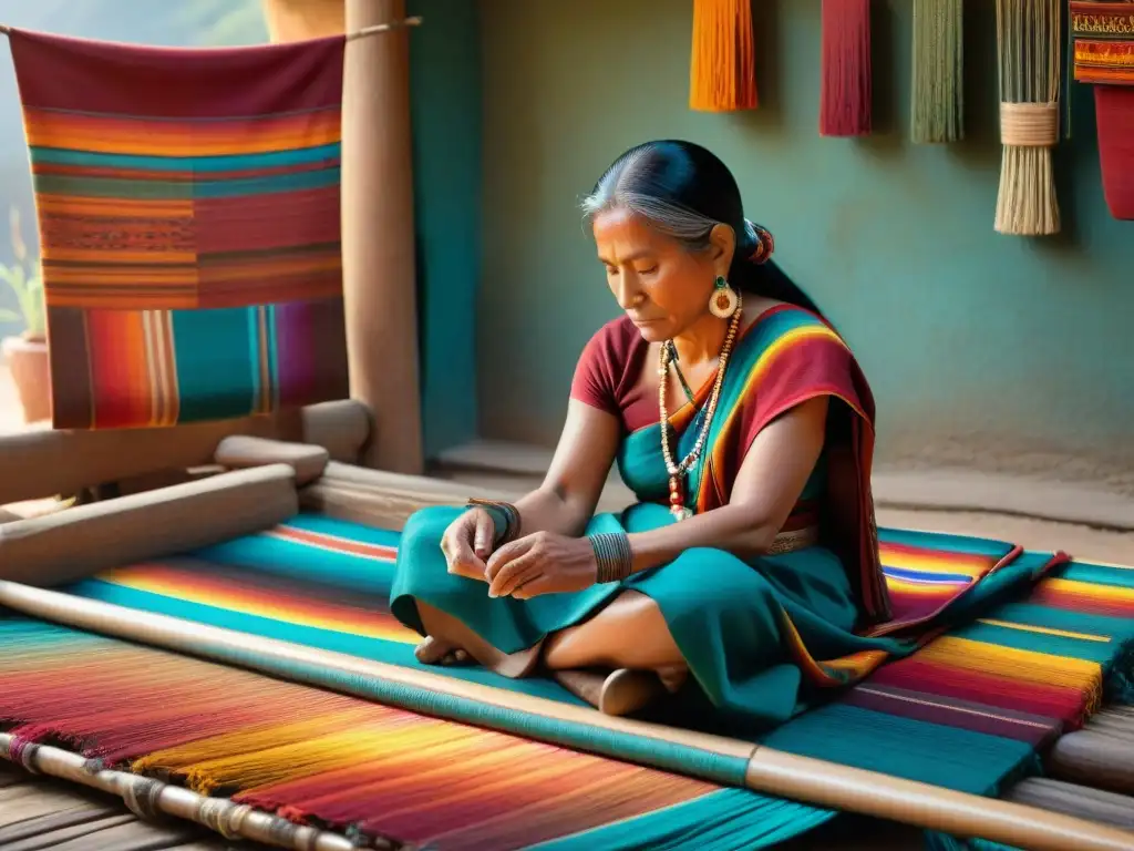 Una tejedora maya del posclásico con su telar y coloridos hilos, reflejando la evolución clásica de la técnica ancestral