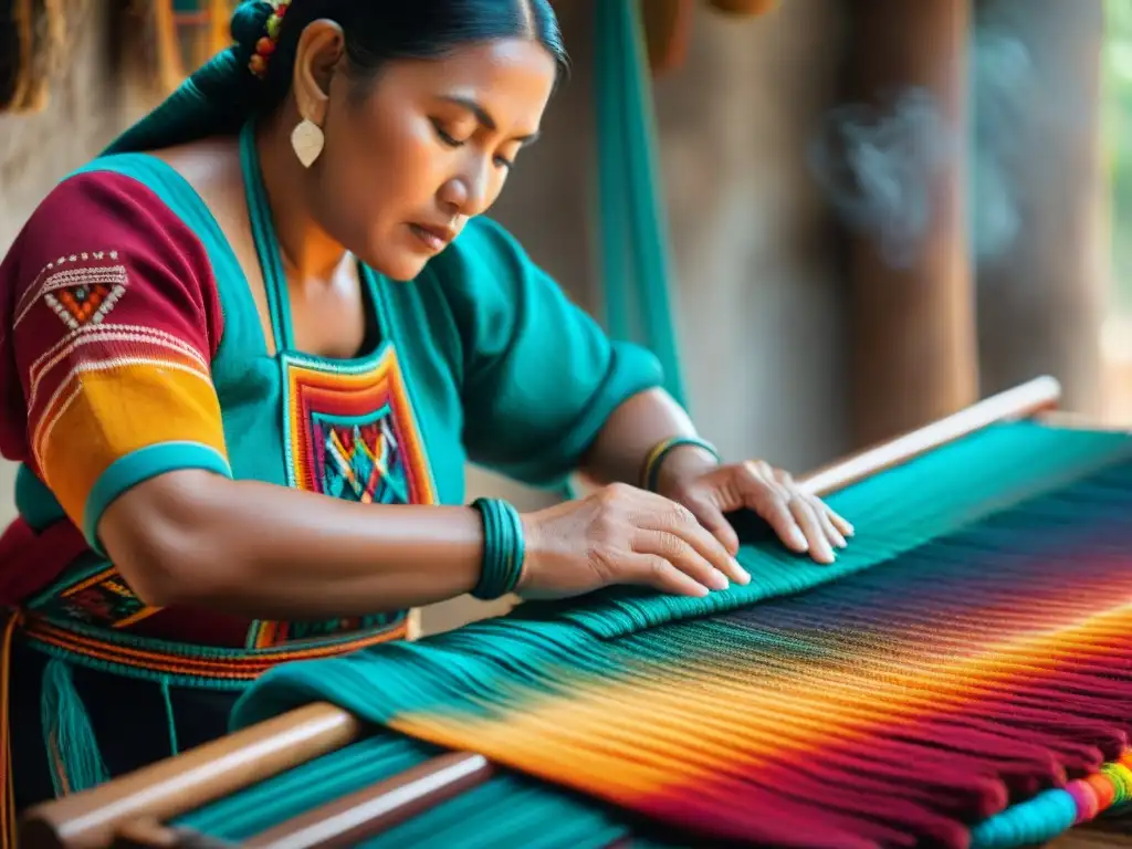 Hábil tejedora maya crea simbolismo natural en vibrante textil con telar de cintura, en taller terroso y texturas ricas