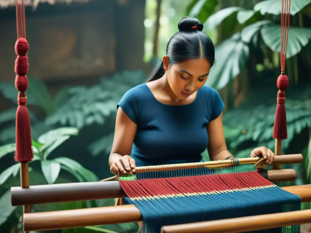 Tejido maya en loom con colores naturales y patrones geométricos, evocando la evolución clásica posclásica