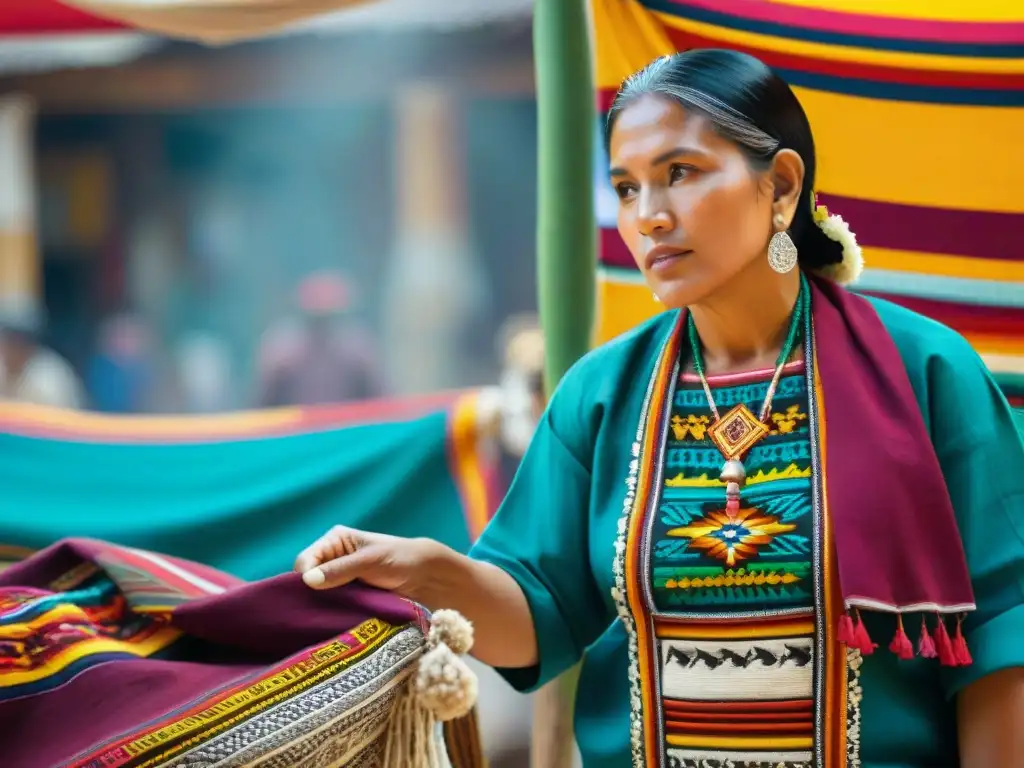 Tejido maya colorido y detallado en mercado guatemalteco, artesanos creando textiles