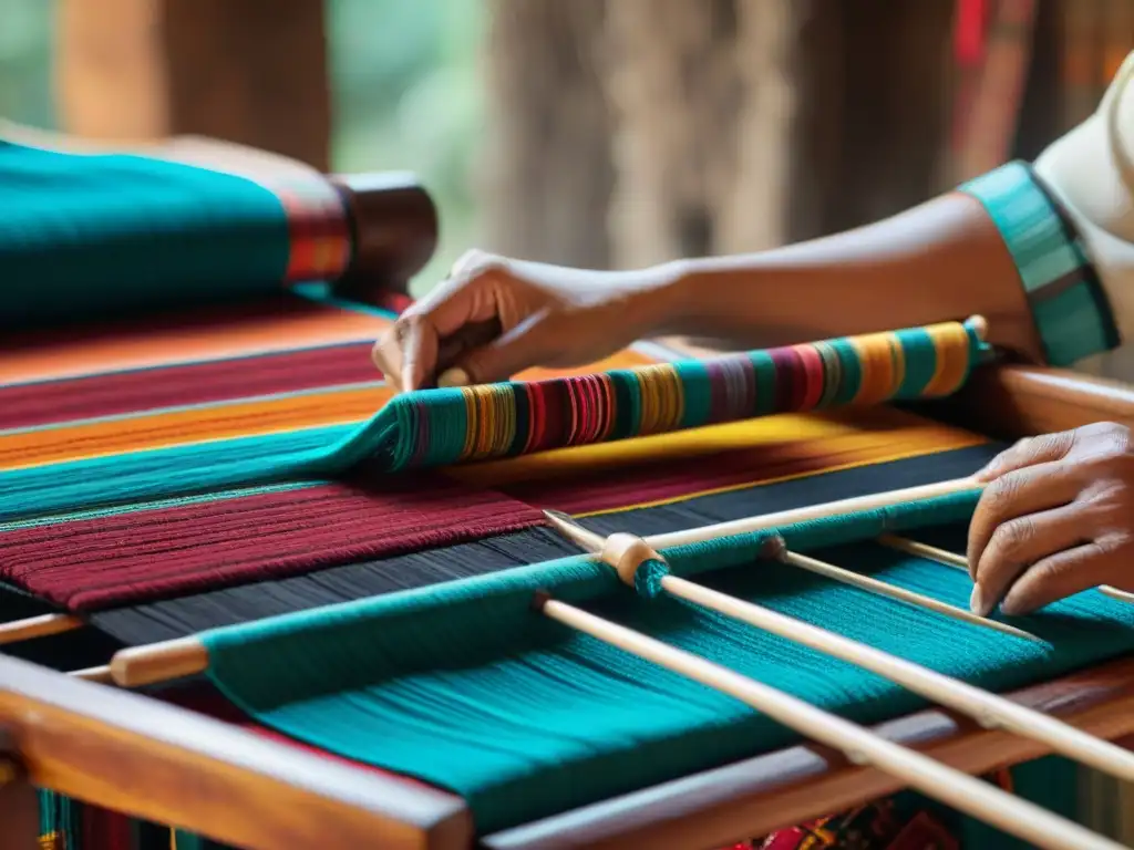 Un tejido maya vibrante y detallado siendo creado en telar de madera, resaltando la artesanía y cultura de los textiles ceremoniales mayas